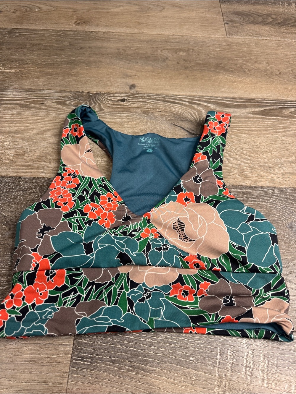 Carve Designs Floral V-Neck Swim/ Sports Bra in Teal, Coral, Brown and Tan 1274